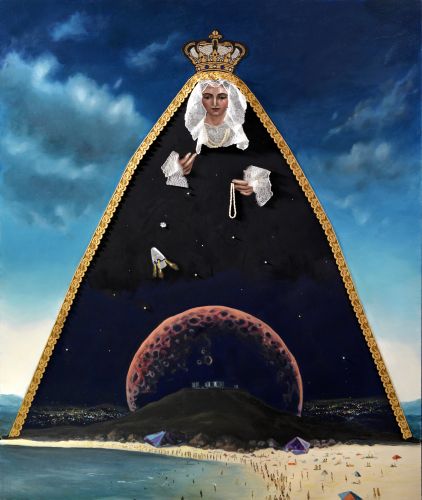 MARTIAN MADONNA​  Oil and acrylic on canvas, fabric, beads  180 x 150 cm  2020
